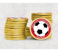 Personalised Football Birthday Chocolate Coins - Gold Foil Party Favours | Custom Name Stickers | Kids Party Bags | Football Red - 30
