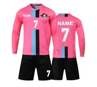 Personalised Football Kit for Boys/Girls/Men/Women Kids Football shirt&short with Name Number Team and Logo (longsleeve pink)