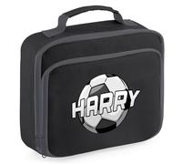 Personalised Football Lunch Bag for Kids Custom Name Boys Girls Primary Infant New Term Back to School Footballer Gift, 24cm x 20cm x 8cm, Black