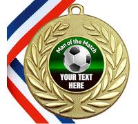 Personalised Football Man of the Match Medals 5 Pack/Bulk Discount Available in: 10 Pack 20 Pack 50 Pack 100 Pack FULLY ASSEMBLED - Available in Gold, Silver & Bronze.