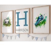 Personalised Football Set of 3 Unframed Poster Prints For Boy Girl Bedroom, Football Boots and Ball, Green Watercolour Splash, Personalise Name Red Blue Green (A5)