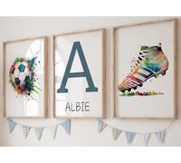 Personalised Football Set of 3 Unframed Poster Prints For Boy Girl Bedroom, Football Boots and Ball, Multi Watercolour Splash, Personalise Name Red Blue Green (A5)