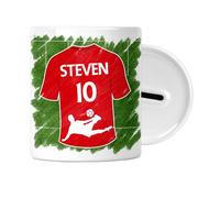 Personalised - FOOTBALL Shirt Money Saving Box - Name and Number - Piggy Bank - Gift for Football Fans - Kids Boys or Girls Teens (Red)