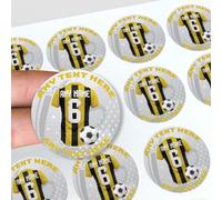 Personalised Football Stickers, Jersey Design 45mm, with Any Text, Name and Number for Decorating Party Bags, Sweet Cones, Cake Boxes, Beer Bottles (Black/Yellow Striped, 48 Pack)