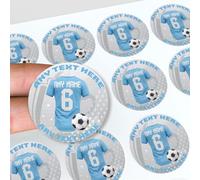 Personalised Football Stickers, Jersey Design 45mm, with Any Text, Name and Number for Decorating Party Bags, Sweet Cones, Cake Boxes, Beer Bottles (Man City Colours, 48 Pack)