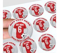 Personalised Football Stickers, Jersey Design 45mm, with Any Text, Name and Number for Decorating Party Bags, Sweet Cones, Cake Boxes, Beer Bottles (Liverpool Colours, 72 Pack)