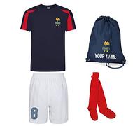 Personalised France Style Kit French Navy Football Shirt, White Shorts, Bag and Socks for Boys and Girls Best Birthday Gift for Children Kids Playwear (3/4 Years)