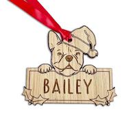 Personalised French Bulldog Dog Christmas Tree Bauble, Peeking Design, 9.5W x 9H cm, Oak Veneer Wood Decoration with Red Ribbon (Decoration Only)