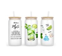 Personalised Frosted Glass Tumbler, 500ml, with Lid and Straw, Cocktail Design Collection, Birthday Gift (Mojito)