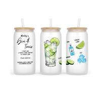 Personalised Frosted Glass Tumbler, 500ml, with Lid and Straw, Cocktail Design Collection, Birthday Gift (Gin & Tonic)