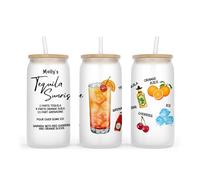 Personalised Frosted Glass Tumbler, 500ml, with Lid and Straw, Cocktail Design Collection, Birthday Gift (Tequila Sunrise)