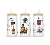 Personalised Frosted Glass Tumbler, 500ml, with Lid and Straw, Cocktail Design Collection, Birthday Gift (Rum)