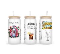 Personalised Frosted Glass Tumbler, 500ml, with Lid and Straw, Cocktail Design Collection, Birthday Gift (Vodka)
