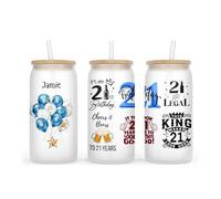 Personalised Frosted Glass Tumbler with Lid and Straw, 500ml, Birthday Milestone Design (21st Blue)