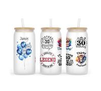 Personalised Frosted Glass Tumbler with Lid and Straw, 500ml, Birthday Milestone Design (30th Blue)