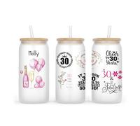 Personalised Frosted Glass Tumbler with Lid and Straw, 500ml, Birthday Milestone Design (30th Pink)