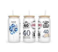Personalised Frosted Glass Tumbler with Lid and Straw, 500ml, Birthday Milestone Design (40th Blue)