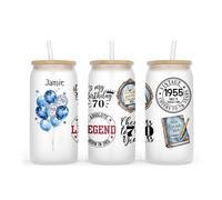 Personalised Frosted Glass Tumbler with Lid and Straw, 500ml, Birthday Milestone Design (70th Blue)