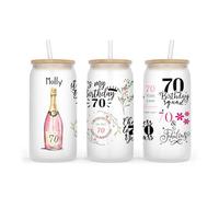 Personalised Frosted Glass Tumbler with Lid and Straw, 500ml, Birthday Milestone Design (70th Pink)