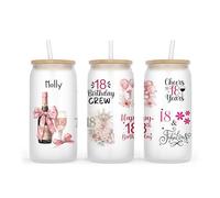 Personalised Frosted Glass Tumbler with Lid and Straw, 500ml, Birthday Milestone Design Gift for Her Girls Daughter (18th Pink)