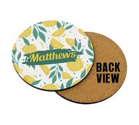 Personalised Fruits Patterns theme, Alphabet Initial with Name, Tableware, Round MDF Coaster, Coffee, Tea, Drink Coaster. (lemon)