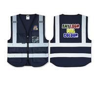 Personalised Full Colour Logo Navy Salzmann 3M High Visibility Safety Vest Multi Phone ID Pocket Hi-Vis Waistcoat 3M Reflective Tape