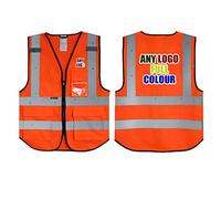 Personalised Full Colour Logo Orange Salzmann 3M High Visibility Safety Vest Multi Phone ID Pocket Hi-Vis Waistcoat 3M Reflective Tape