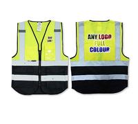 Personalised Full Colour Logo Yellow Navy Salzmann 3M High Visibility Safety Vest Multi Phone ID Pocket Hi-Vis Waistcoat 3M Reflective Tape