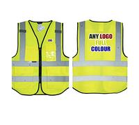 Personalised Full Colour Logo Yellow Salzmann 3M High Visibility Safety Vest Multi Phone ID Pocket Hi-Vis Waistcoat 3M Reflective Tape