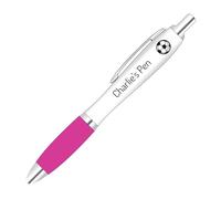 Personalised full colour printed football design pen with custom name or short message and a pink coloured grip.