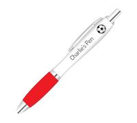 Personalised full colour printed football design pen with custom name or short message and a red coloured grip.