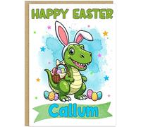 Personalised Fun Dinosaur Easter Card for Kids - Funny T-Rex Bunny Happy Easter Cards - Add Child's Name To Card For Boy Girl Childrens A5 Greetings Card For Easter Present (Design 4)