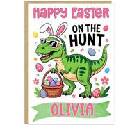 Personalised Fun Dinosaur Easter Card for Kids - Funny T-Rex Bunny Happy Easter Cards - Add Child's Name To Card For Boy Girl Childrens A5 Greetings Card For Easter Present (Design 3)