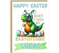 Personalised Fun Dinosaur Easter Card for Kids - Funny T-Rex Bunny Happy Easter Cards - Add Child's Name To Card For Boy Girl Childrens A5 Greetings Card For Easter Present (Design 6)