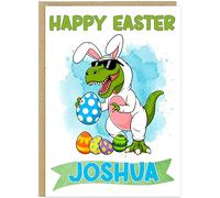 Personalised Fun Dinosaur Easter Card for Kids - Funny T-Rex Bunny Happy Easter Cards - Add Child's Name To Card For Boy Girl Childrens A5 Greetings Card For Easter Present (Design 1)