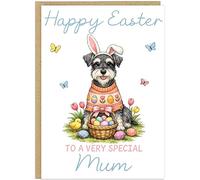 Personalised Fun Dog Breed Happy Easter Cards - Add Own Custom Name on Banner 20 Designs Family Easter Dogs Doggy Lover Gift A5 Greeting Celebration Card (Schnauzer)