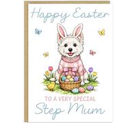 Personalised Fun Dog Breed Happy Easter Cards - Add Own Custom Name on Banner 20 Designs Family Easter Dogs Doggy Lover Gift A5 Greeting Celebration Card (Westie)