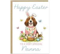 Personalised Fun Dog Breed Happy Easter Cards - Add Own Custom Name on Banner 20 Designs Family Easter Dogs Doggy Lover Gift A5 Greeting Celebration Card (Basset Hound)