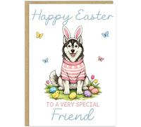 Personalised Fun Dog Breed Happy Easter Cards - Add Own Custom Name on Banner 20 Designs Family Easter Dogs Doggy Lover Gift A5 Greeting Celebration Card (Siberian Husky)