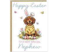 Personalised Fun Dog Breed Happy Easter Cards - Add Own Custom Name on Banner 20 Designs Family Easter Dogs Doggy Lover Gift A5 Greeting Celebration Card (Dachshund)