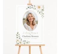 Personalised Funeral Condolence Memorial Sign Board In Loving Memory Celebration of Life Funeral Decorations Remberance Keepsake for Wake (White Floral Tribute)
