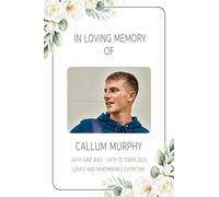 Personalised Funeral Memorial Photo Board A2 - In Loving Memory Celebration of Life Sign - White & Sage Floral Tribute - Custom Picture, Name & Dates - Rigid Foam Board - Free A4 Sign - UK Made FD27