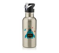 Personalised Funny Captain Sailor Whale/Shark Fish ANY NAME Gift for Kids-Boys Toddlers Birthday Gift Back To School Stainless Steel 600ml Water Bottle with Straw. (Natural Silver)