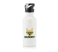Personalised Funny Dog with Glasses, Gift for Pet Lovers, Friends & Family, Stainless Steel 600ml Water Bottle with Straw. (White)