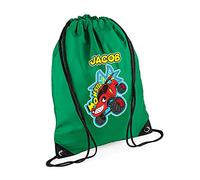 Personalised Funny Monster Truck Gift for Kids-Boys Toddlers Birthday Gift Back To School Drawstring Bag, PE Gym Kit, Swimming Rucksack. (Kelly Green)