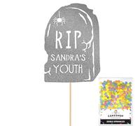 Personalised Funny RIP Gravestone Happy Birthday Glitter Cake Topper by Cakeshop | Custom Colour Any Name Rude Joke Grave Headstone Glitter Cake Decoration for Her/Him Celebration Dark Silver