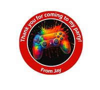 Personalised Gaming Party Stickers - 45mm Round Labels for Party Bags, Favours or Sweet Cones - Gaming Themed Birthday Decoration - 24 Red Stickers