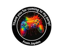 Personalised Gaming Party Stickers - 45mm Round Labels for Party Bags, Favours or Sweet Cones - Gaming Themed Birthday Decoration - 24 Black Stickers