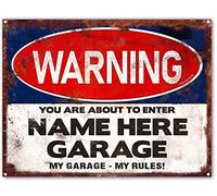 Personalised Garage Warning Sign - Add Your Name to Plaque - For Car & Motorbike, Man Cave and Shed - Vintage Retro Effect. Size Large.