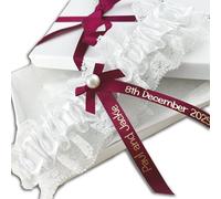 Personalised Garter - Burgundy Garter with Gold Text - Perfect Bridal Garter Bride to Be Wedding Hen Party - Gift Boxed